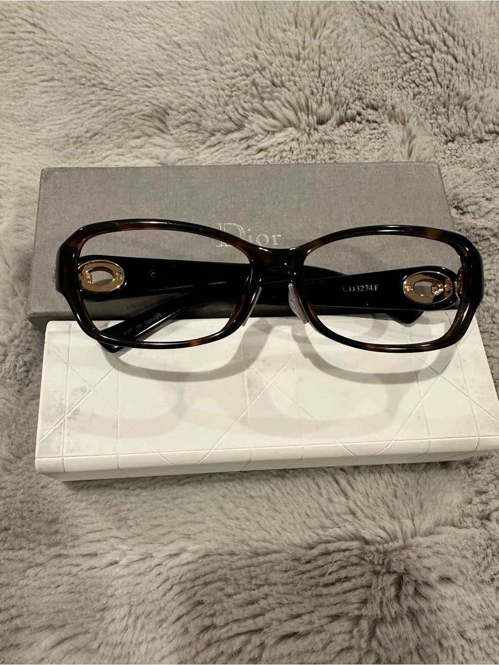 Dior Women's Dark Tortoiseshell Rectangle Optical Glasses with Gold Accents